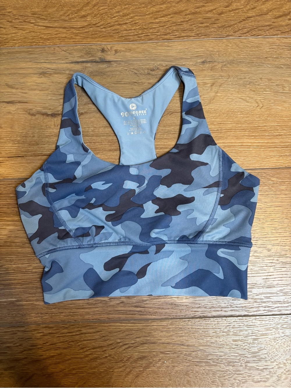 90 Degree By Reflex Blue Camo Racerback Sports Bra